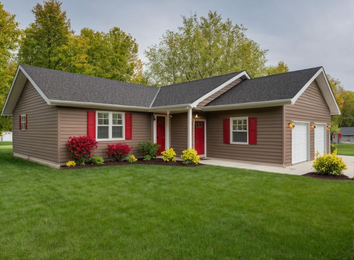 Brown cottage home by Wisconsin Homes with red shutters, red doors, and attached two-car garage.