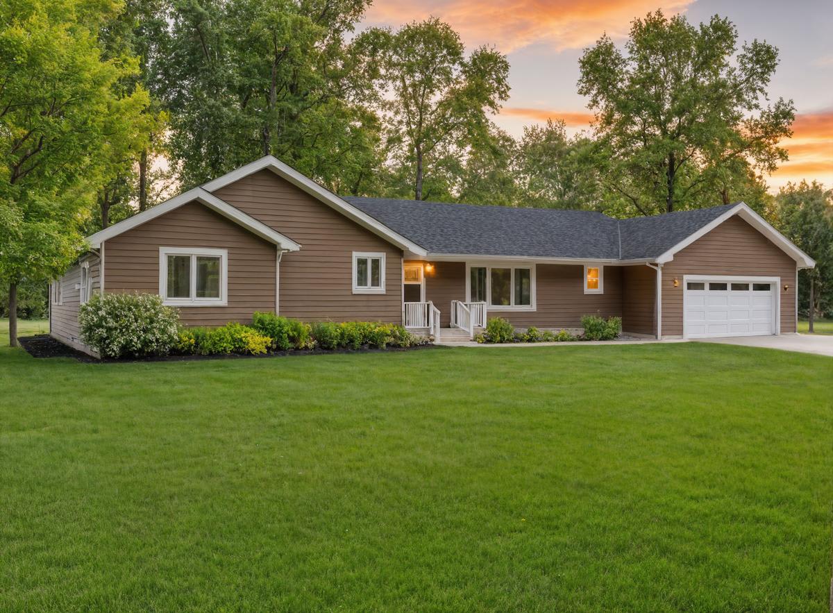 Brown ranch-style house with white trim, attached single garage, front steps, manicured lawn, and mature trees in the background at sunset.