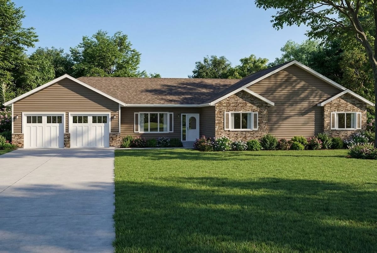 Brown ranch-style modular home by Wisconsin Homes with stone façade, white trim, and dual garage doors in Marshfield, WI.