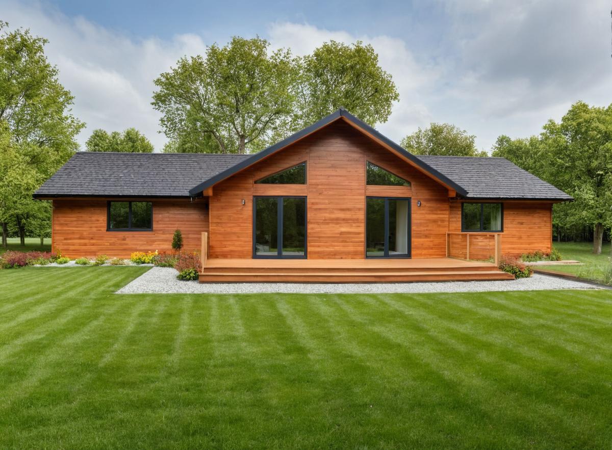 Cedar-clad modern cottage home by Wisconsin Homes with black trim, large windows, and front deck.