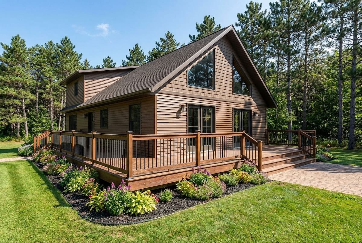 Chalet-style modular home by Wisconsin Homes in Marshfield, WI with wood siding, large windows, and wraparound deck.