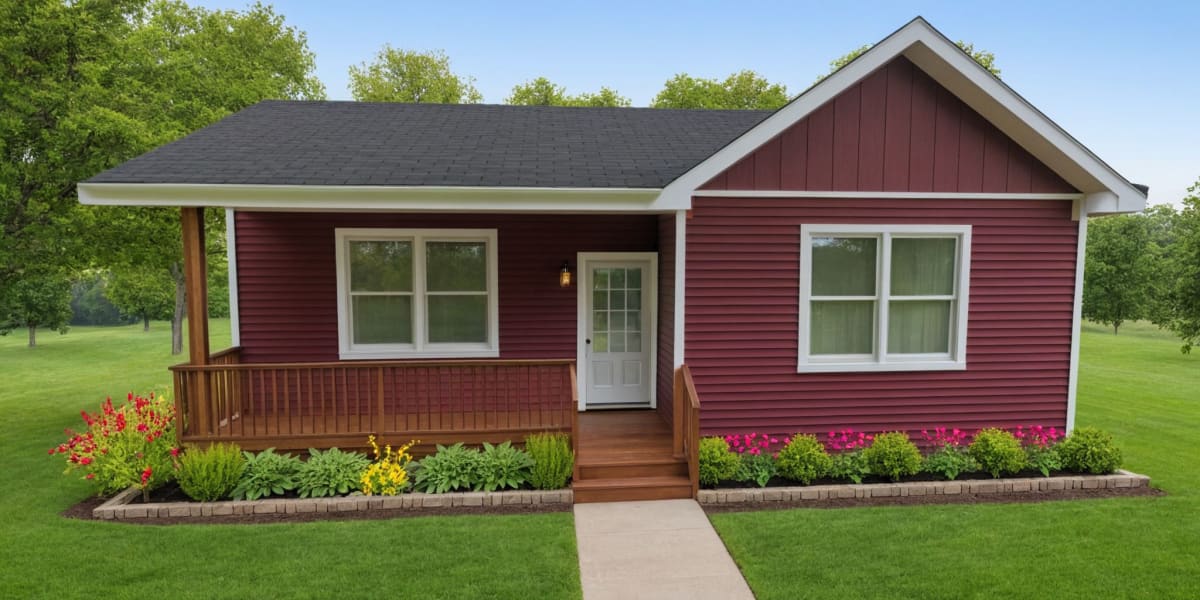 Small red cottage with white trim, a covered front porch, wooden steps, and colorful landscaping set against a lush green lawn and trees.