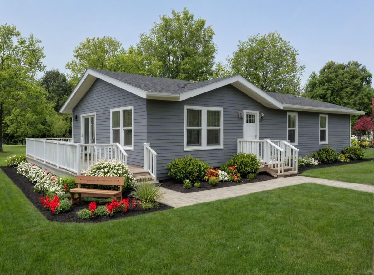Cottage style home by Wisconsin Homes with gray siding, white railings and colorful flower beds.