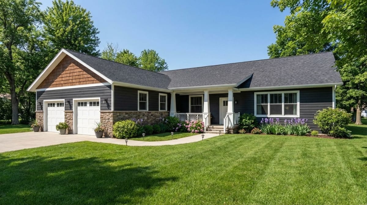 Dark blue modular home with stone-accented garage, covered porch, and landscaped yard by Wisconsin Homes in Marshfield, WI.