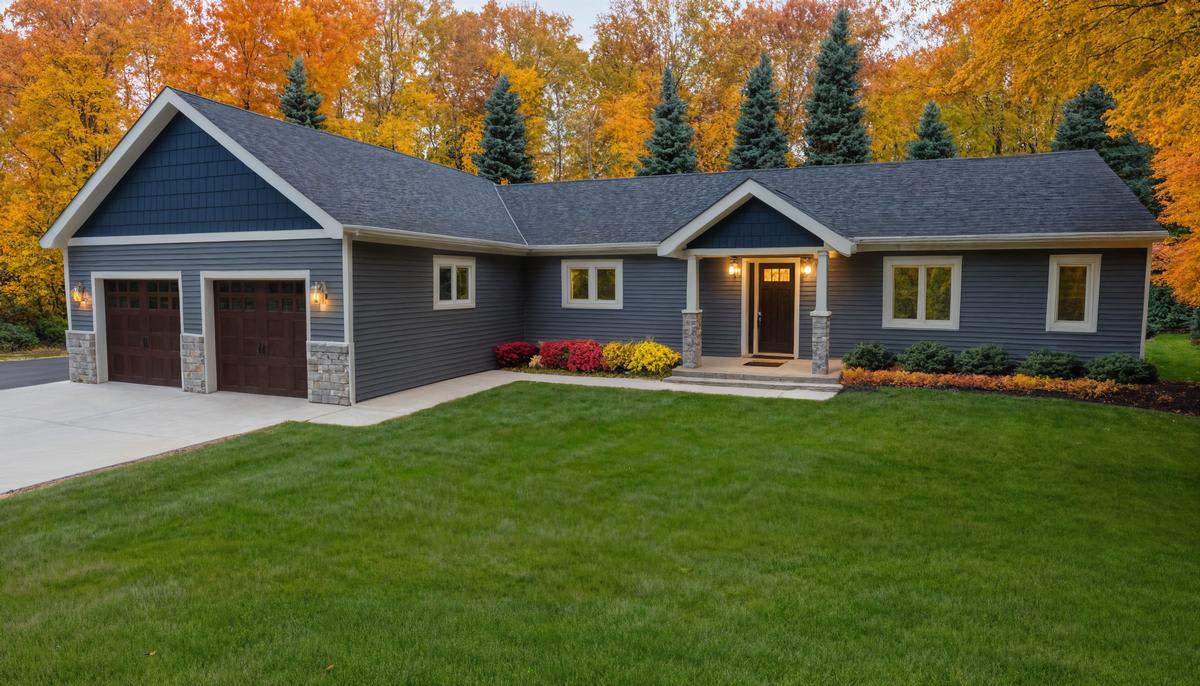 Dark blue ranch-style home with stone accents, wooden garage doors, front porch entry, and colorful fall landscaping surrounded by trees with autumn leaves.