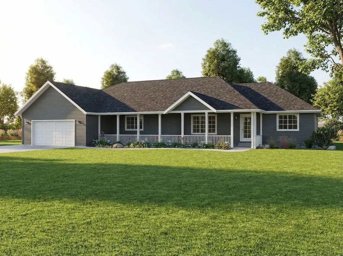 Dark gray modular ranch home by Wisconsin Homes with white trim, front porch, and attached garage in Marshfield, WI.