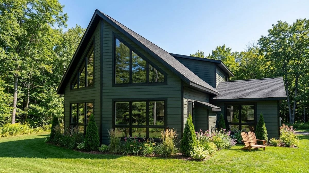 Dark green Chalet-style modular home by Wisconsin Homes in Marshfield, WI with black trim and large corner windows.