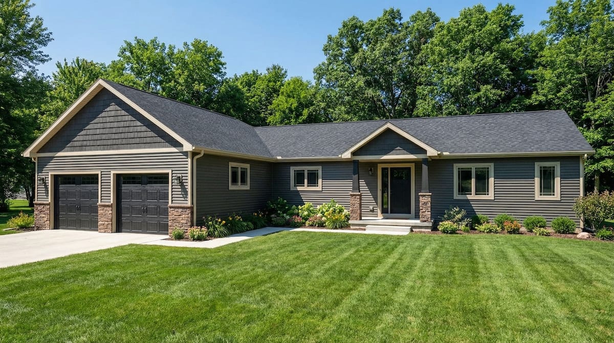 Dark ranch-style modular home by Wisconsin Homes with black garage doors and stone columns in Marshfield, WI.