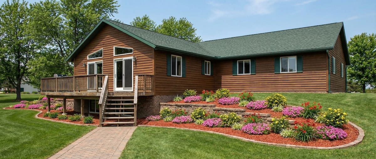 Elevated wood cottage-style modular home by Wisconsin Homes in Marshfield, WI with tiered flower beds and front deck.