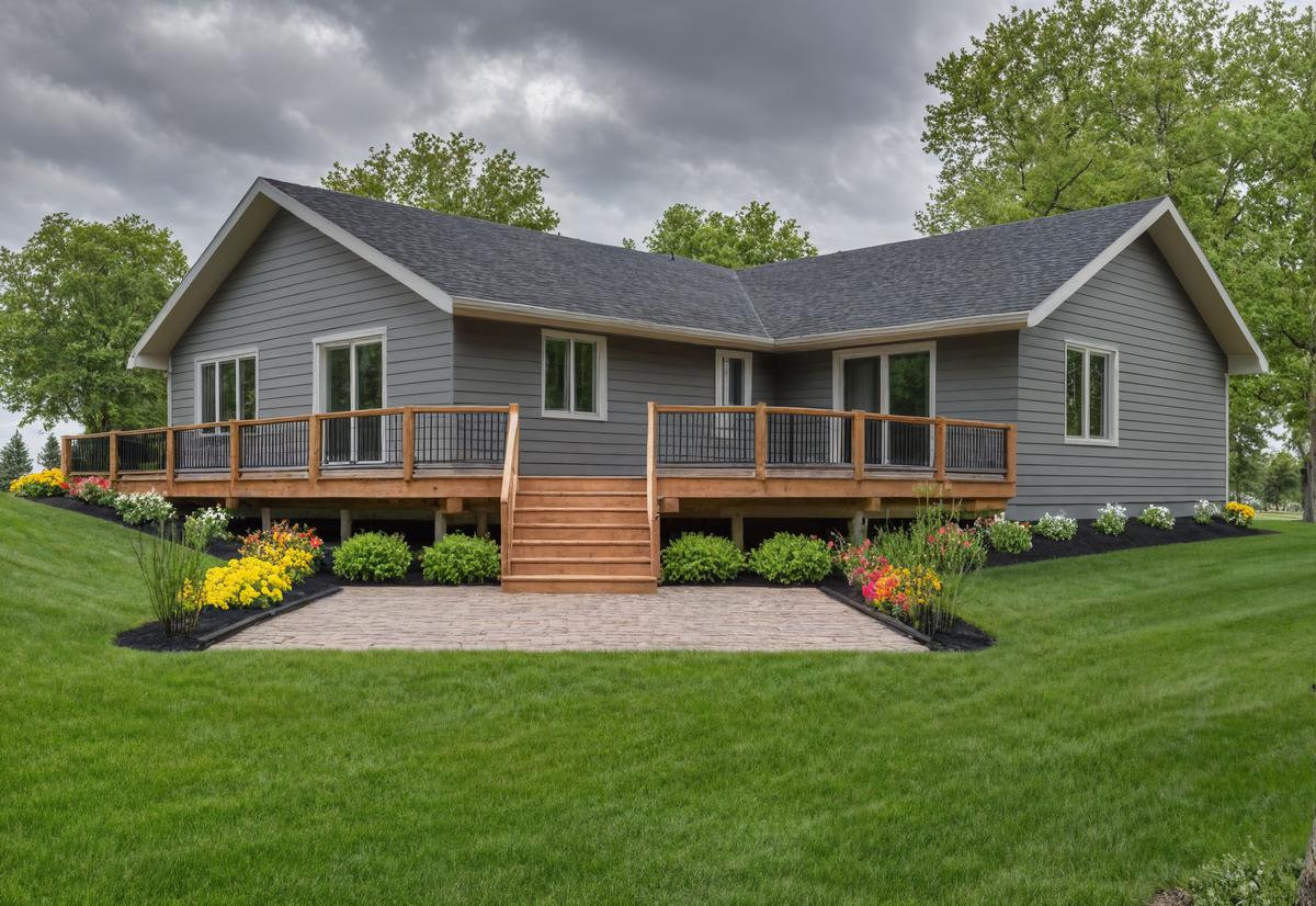 Gray cottage home by Wisconsin Homes featuring a raised wood deck with black railing, landscaped yard, and paver patio.