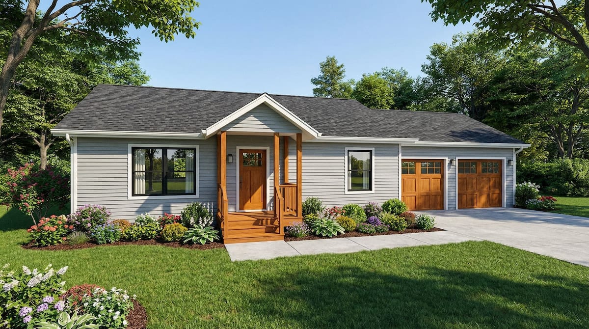 Gray cottage-style modular home by Wisconsin Homes featuring a double garage with wood-look doors, a cozy front porch with wooden posts and steps, and colorful landscaped flower beds surrounding the entrance.