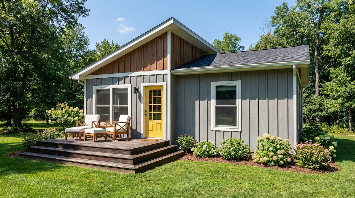 Gray cottage-style modular home by Wisconsin Homes in Marshfield, WI featuring board-and-batten siding, a yellow front door, wood gable accent, and cozy front deck with outdoor seating.