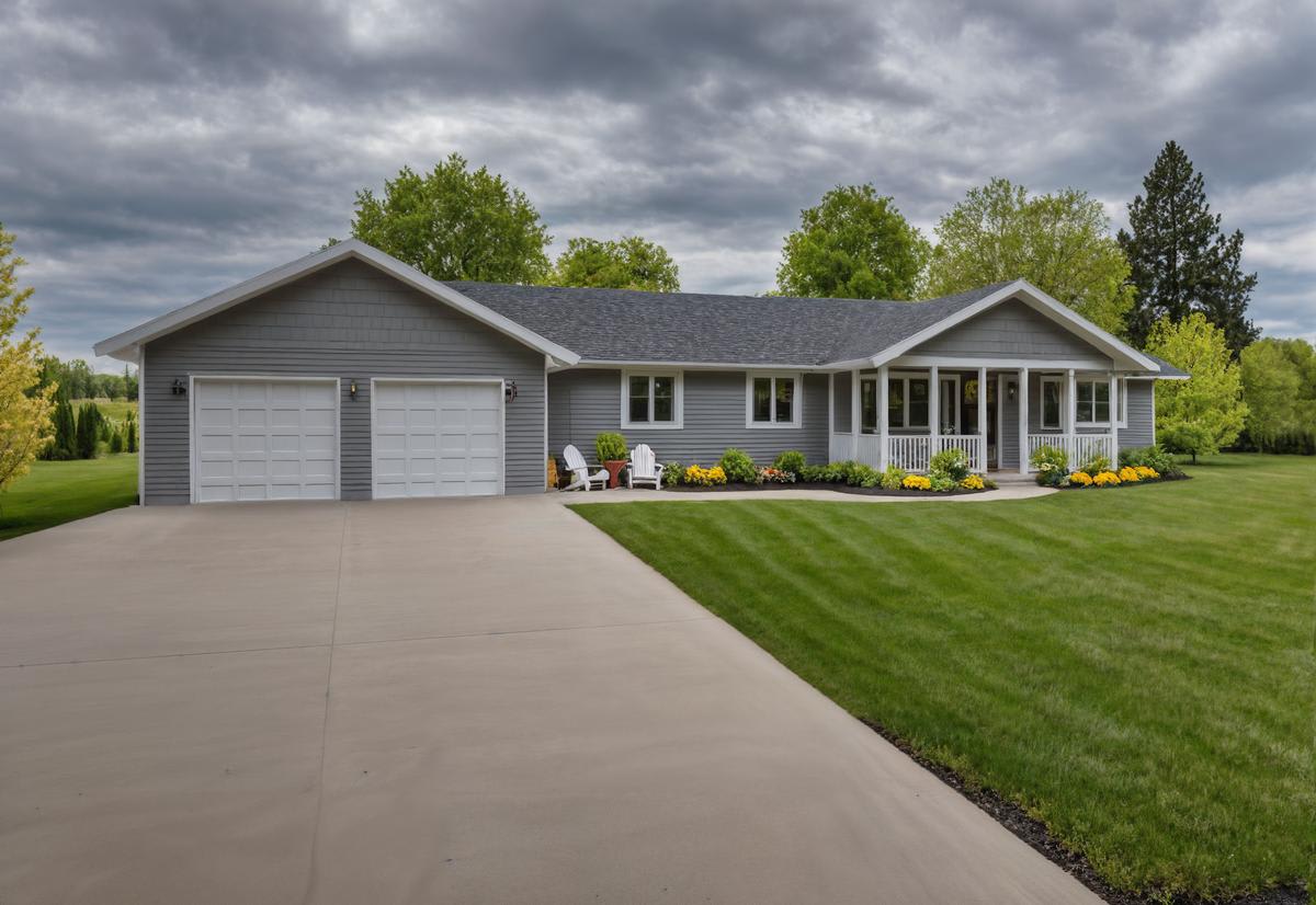 Gray ranch-style house with white trim, a double garage, front porch, and landscaped lawn under cloudy skies.