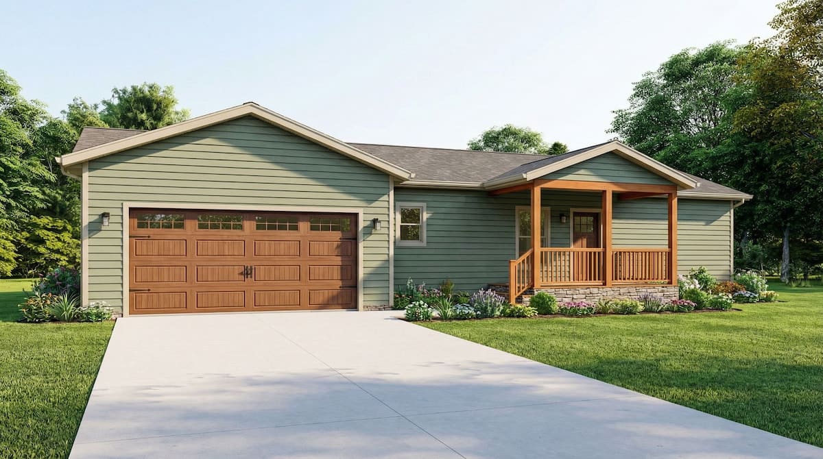 Green cottage-style modular home by Wisconsin Homes in Marshfield, WI featuring an attached two-car garage with wood-style doors, a covered front porch with wood columns and railing, and neatly landscaped flower beds.