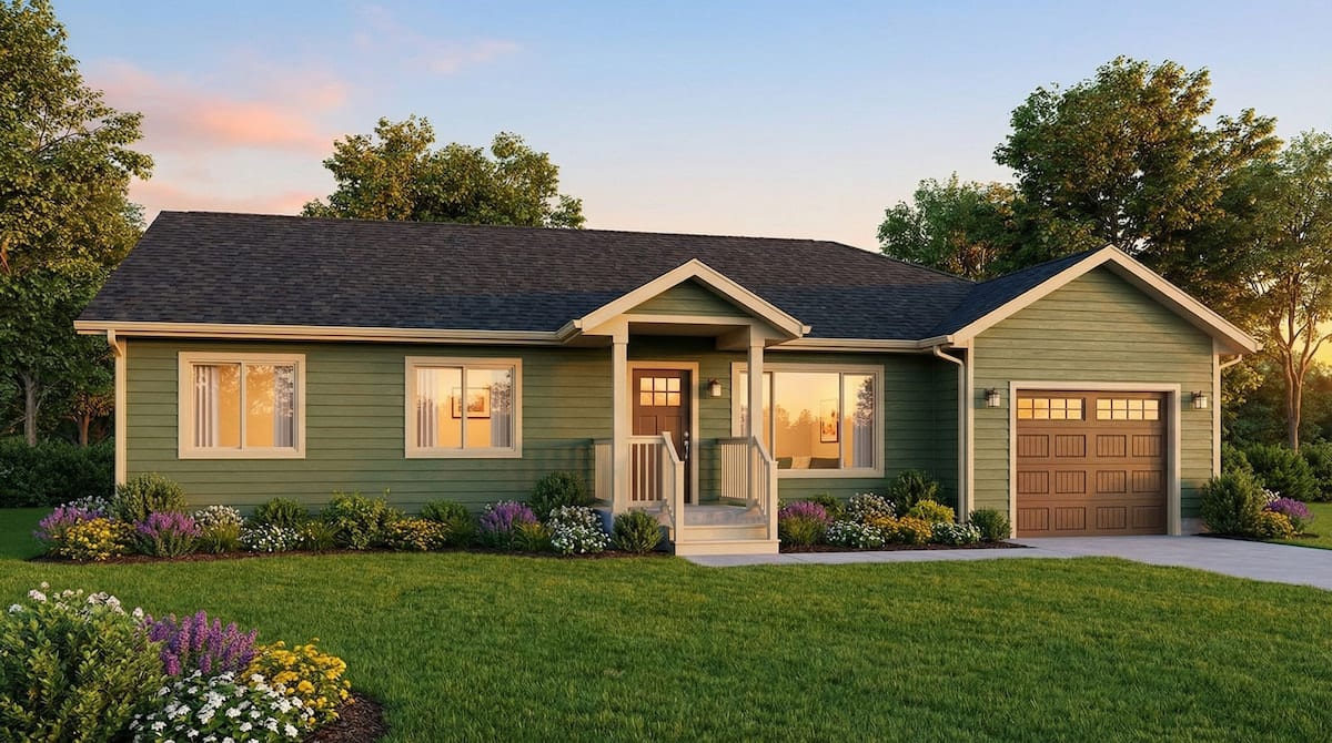 Green cottage-style modular home by Wisconsin Homes featuring a covered front porch, single-car garage with wood-look door, and lush flower landscaping, all bathed in the glow of a sunset sky.