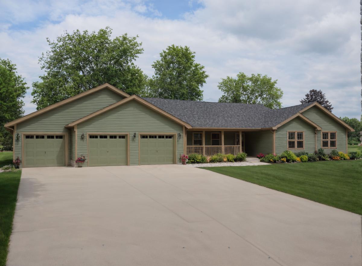 Green ranch-style home with a three-car garage, covered front porch, black shingle roof, and landscaped yard with shrubs and flowers.