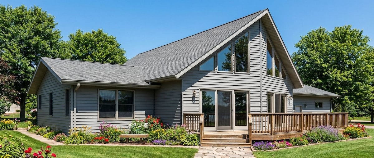 Light gray Chalet-style modular home by Wisconsin Homes in Marshfield, WI with angled roofline and flower-lined deck.