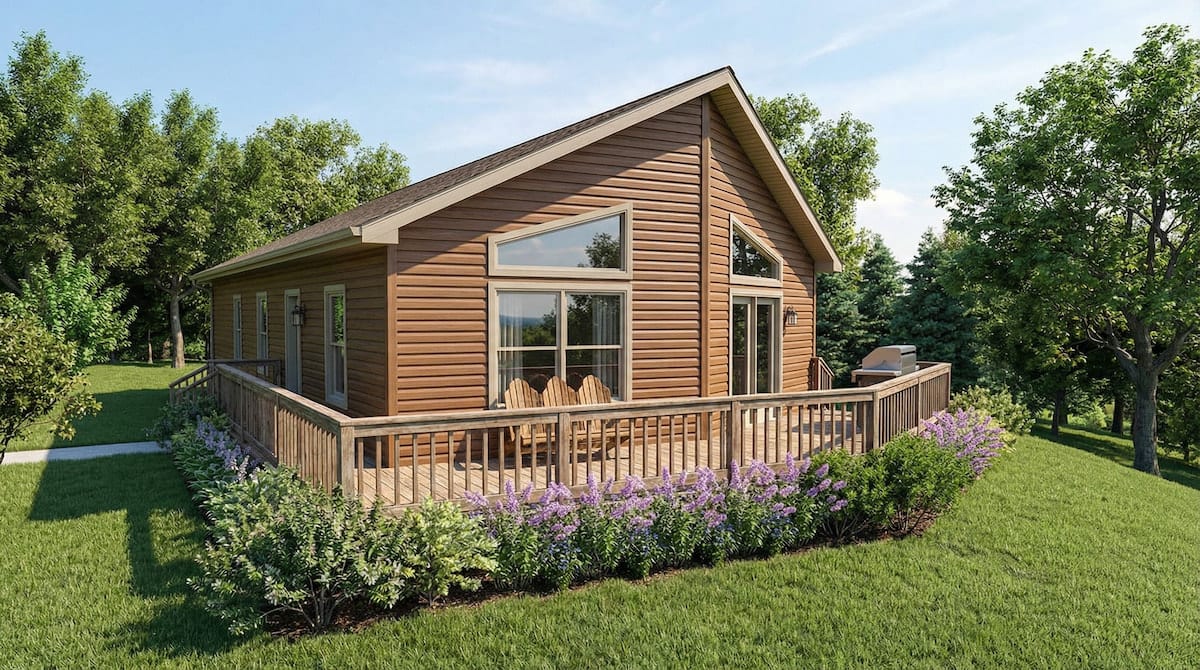 Log siding cottage-style modular home by Wisconsin Homes in Marshfield, WI with full wraparound deck and forest setting.
