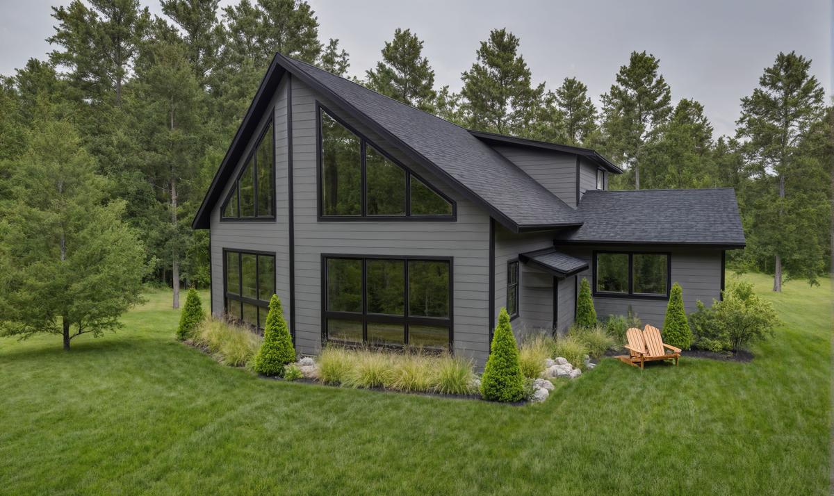 Modern black chalet-style home with sharp rooflines and large floor-to-ceiling windows, surrounded by landscaped greenery and forested background.
