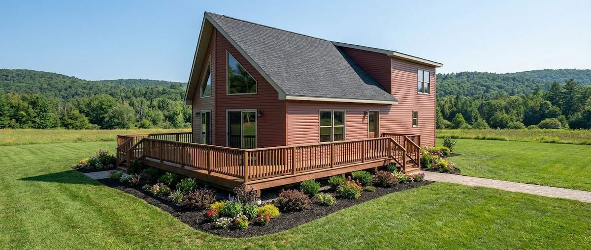 Modern Chalet-style modular home by Wisconsin Homes in Marshfield, WI with full wraparound deck and mountain views.