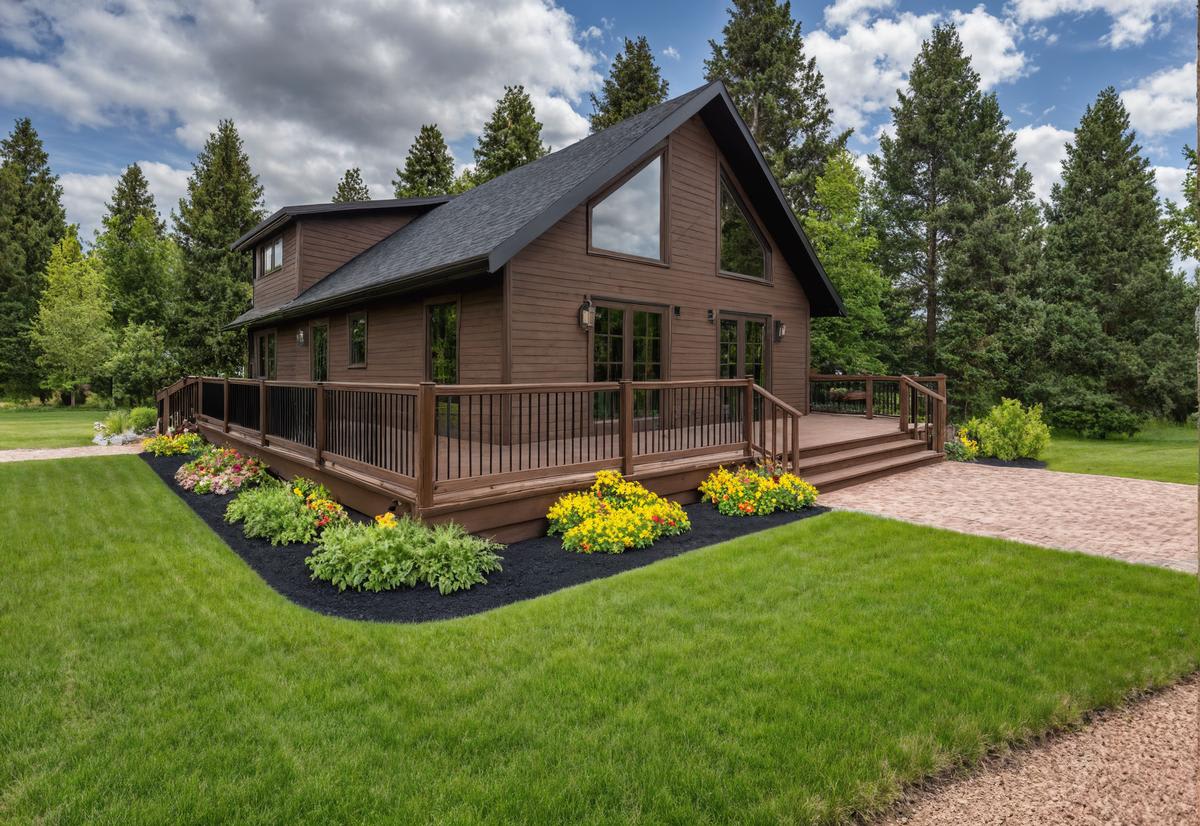 Modern brown cabin-style home with a steep roofline, large triangular windows, a wraparound deck with black railings, and colorful flower beds surrounded by trees.