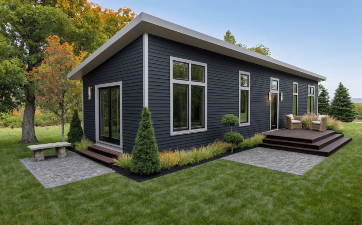 Compact modern cottage with dark horizontal siding, large vertical windows, and two wooden decks, set in a landscaped yard with stone pathways and manicured greenery.