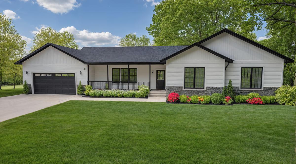 Modern white ranch-style home with black trim, large black windows, a covered porch, stone accents, and colorful front landscaping on a well-kept lawn.