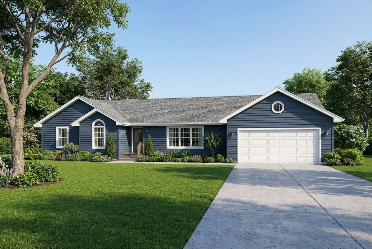 Navy ranch-style modular home by Wisconsin Homes with arched front window and white garage in Marshfield, WI.