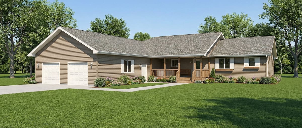 Ranch-style modular home by Wisconsin Homes featuring a two-car garage and front porch in Marshfield, WI.