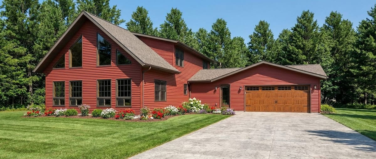 Red Chalet-style modular home by Wisconsin Homes in Marshfield, WI with tall windows and wood-tone garage door.