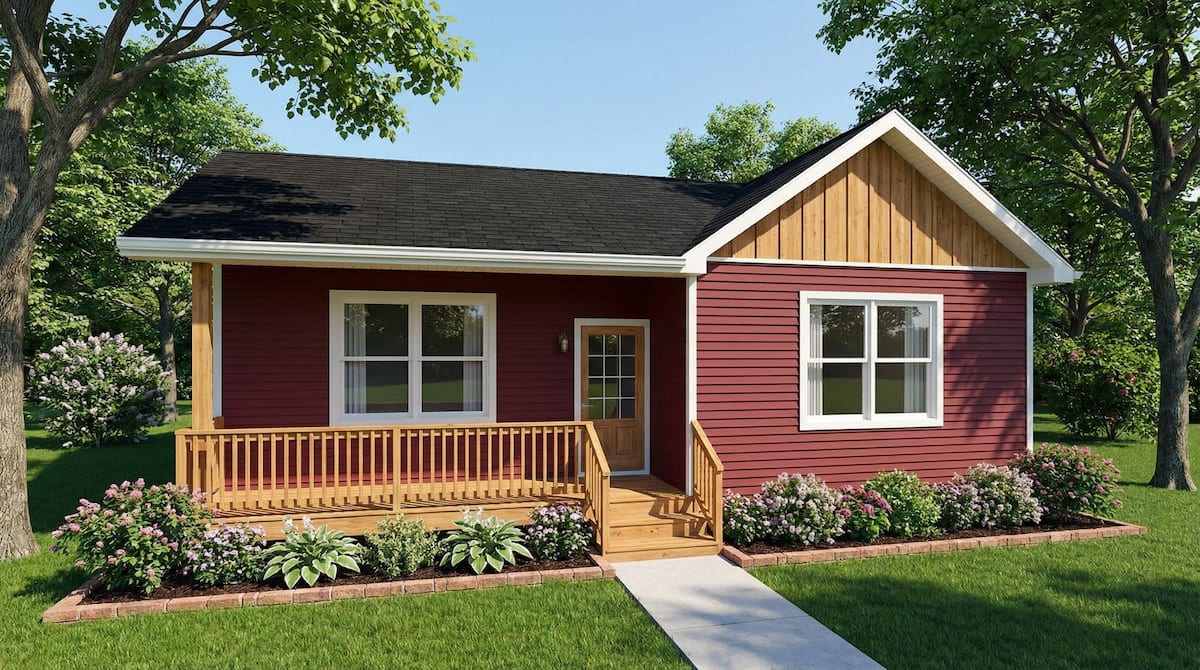 Red modular cottage home by Wisconsin Homes in Marshfield, WI featuring a gabled roof with natural wood accent, a welcoming wood front porch with railing, white trim, and lush flower bed landscaping.