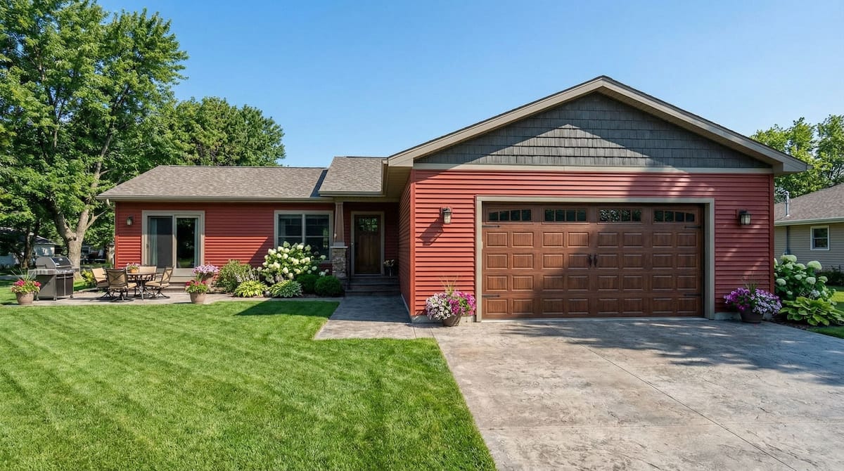 Red cottage-style modular home by Wisconsin Homes in Marshfield, WI with wood garage door and backyard patio.