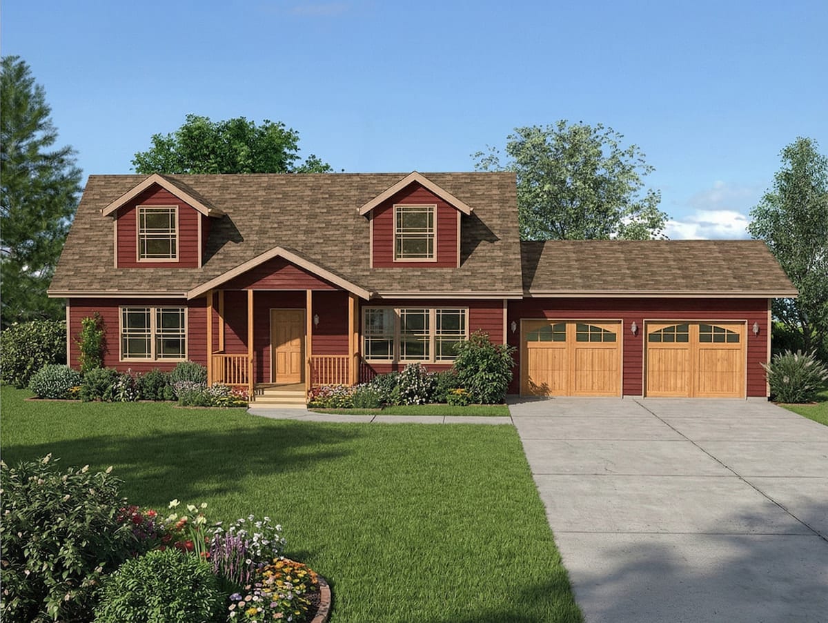 Red Cape Cod modular home by Wisconsin Homes in Marshfield, WI with wood accents and double garage.