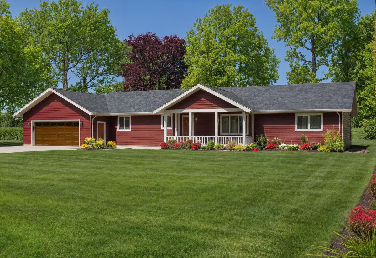 Red ranch-style home with a covered front porch, dark gray roof, wood-tone garage door, and colorful landscaping on a green lawn.