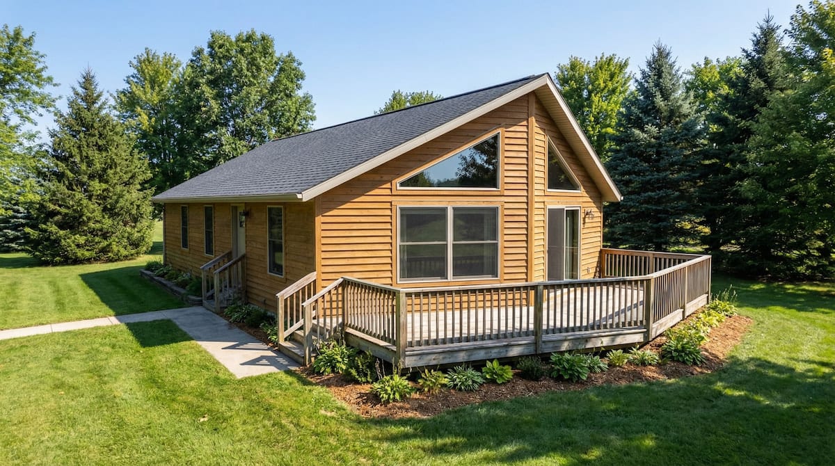 Compact cottage-style modular home by Wisconsin Homes in Marshfield, WI with wood siding and wraparound deck.