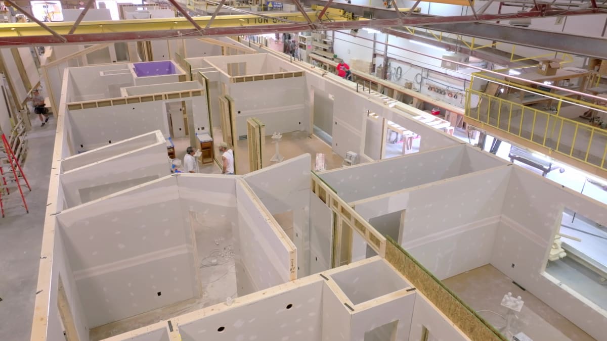 Modular home interior under construction inside Wisconsin Homes manufacturing facility.