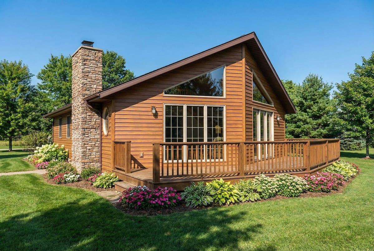 Wood cottage-style modular home by Wisconsin Homes in Marshfield, WI with stone chimney and front deck.