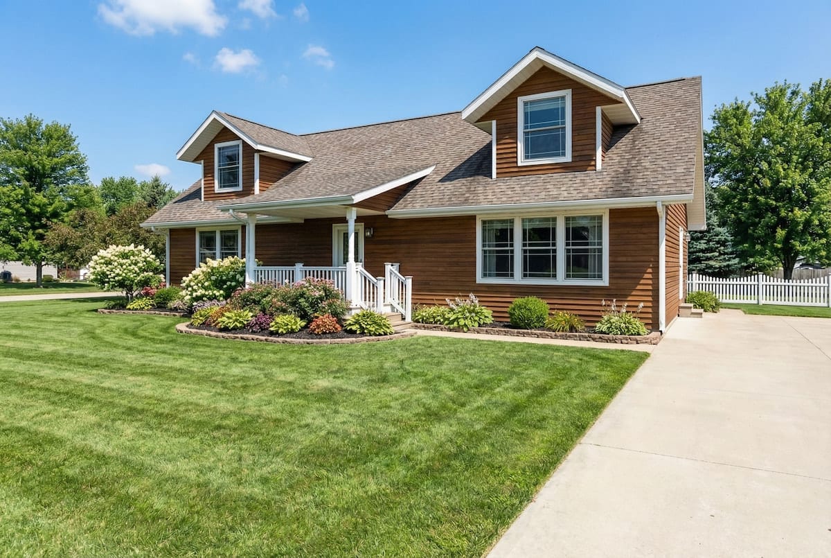 Wood-tone Cape Cod modular home by Wisconsin Homes in Marshfield, WI with front porch and landscaped yard.