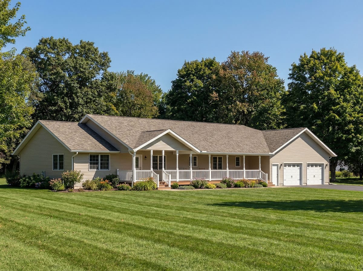 Tan modular ranch home by Wisconsin Homes featuring a wraparound front porch and attached two-car garage in Marshfield, WI.