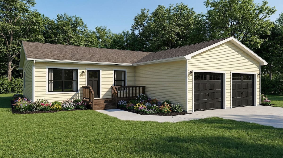 Yellow cottage-style modular home built by Wisconsin Homes, featuring two black garage doors with window detailing, a small wood front porch, and vibrant flowerbeds lining the entry path.