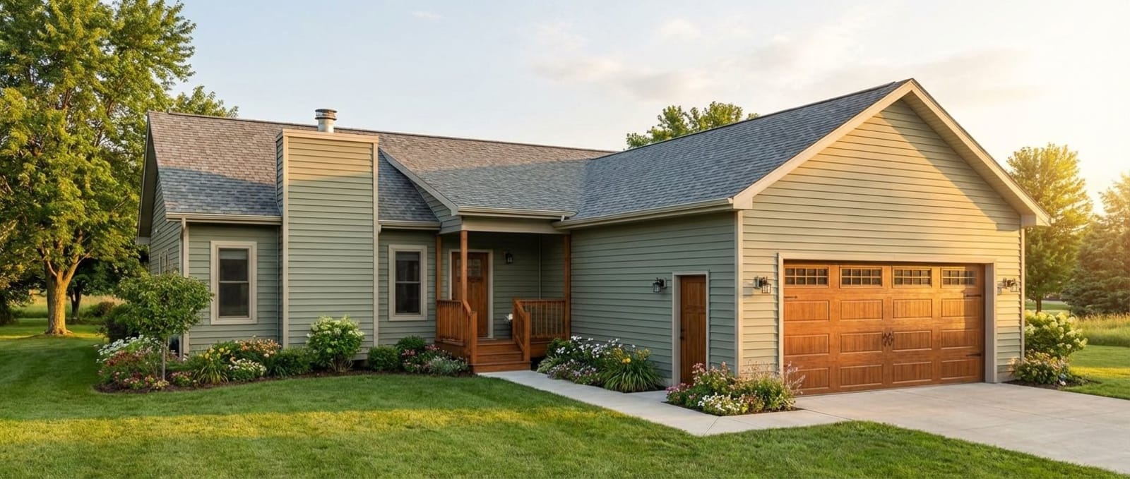 Modern gray cottage by Wisconsin Homes with large front windows, black trim, and cozy porch seating.