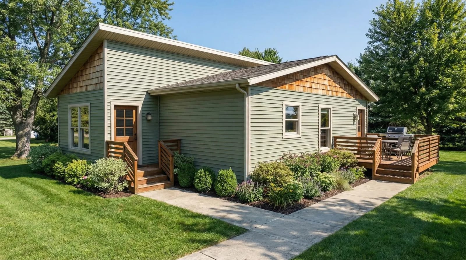 Small green cottage home by Wisconsin Homes with wood deck, manicured lawn, and landscaped garden.