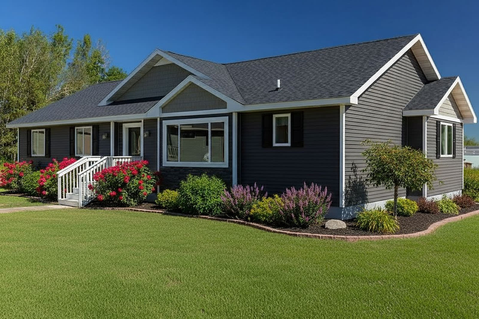 Dark gray ranch-style modular home with white trim, front steps, and gable roof by Wisconsin Homes.