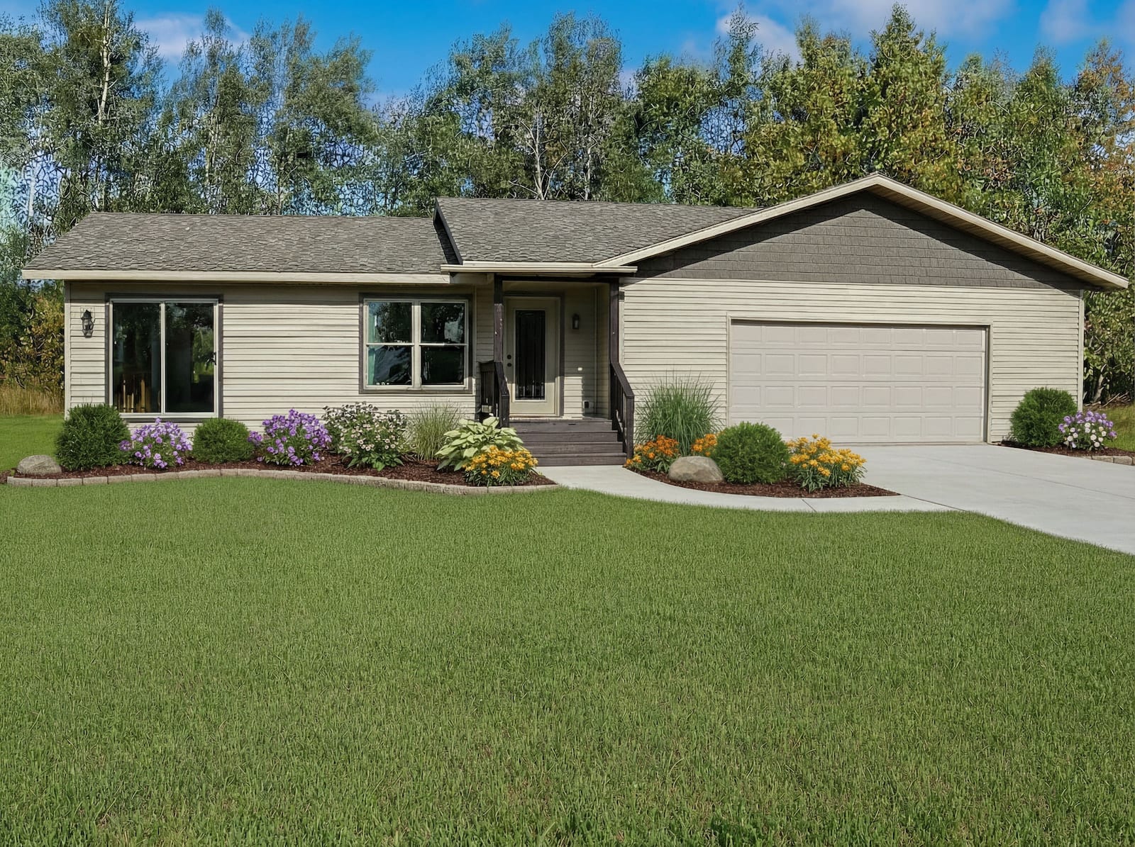 Beige ranch-style modular home with covered entry and attached two-car garage by Wisconsin Homes.
