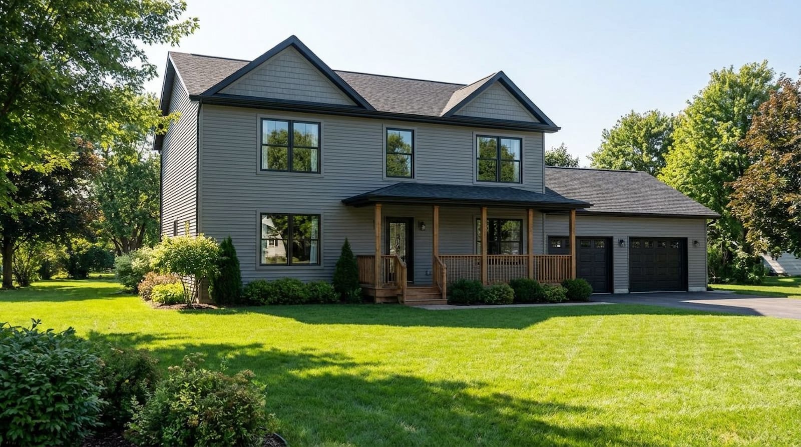 Tan Colonial-style modular home by Wisconsin Homes in Marshfield, WI with covered front porch and two-car garage.