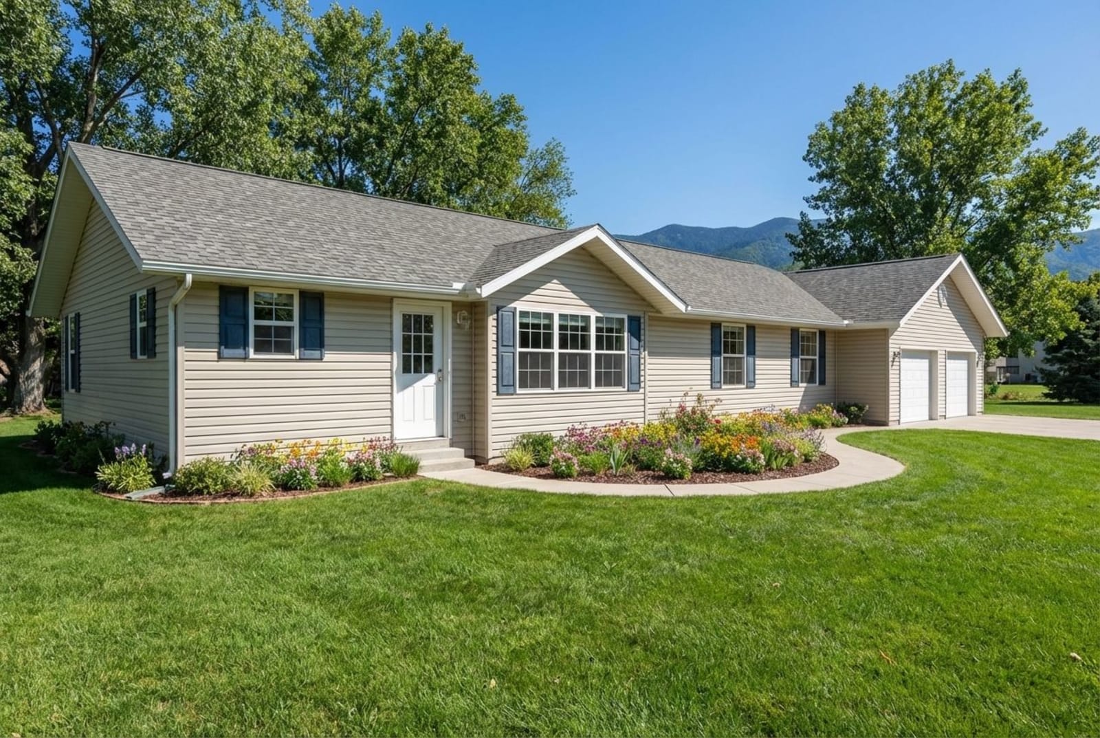Beige modular ranch home with blue shutters, attached garage, and flower landscaping by Wisconsin Homes in Marshfield, WI.