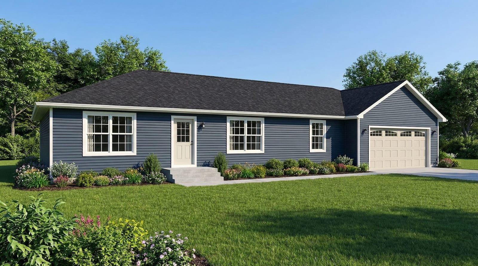 Blue modular home with light-colored garage door, white trim, and front yard landscaping by Wisconsin Homes in Marshfield, WI.