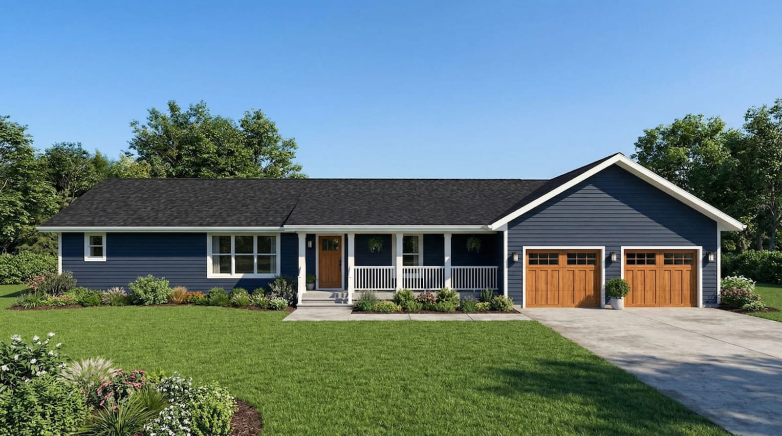 Blue ranch-style modular home by Wisconsin Homes with wood-tone garage doors and a white columned porch in Marshfield, WI.