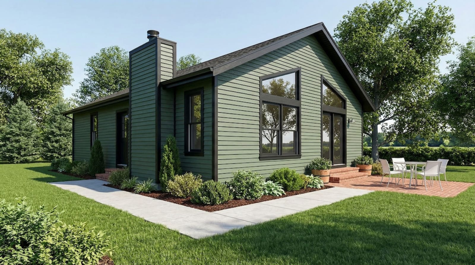 Dark green cottage-style modular home by Wisconsin Homes in Marshfield, WI with black trim and brick patio.