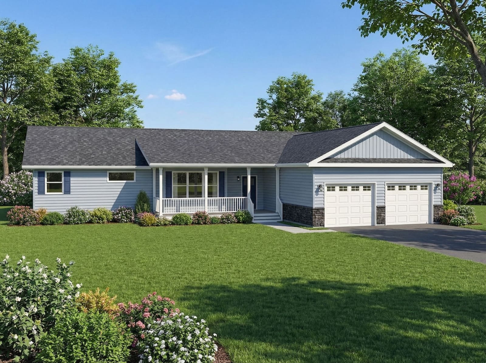 Light blue ranch-style modular home by Wisconsin Homes with stone accents, white trim, and front porch in Marshfield, WI.